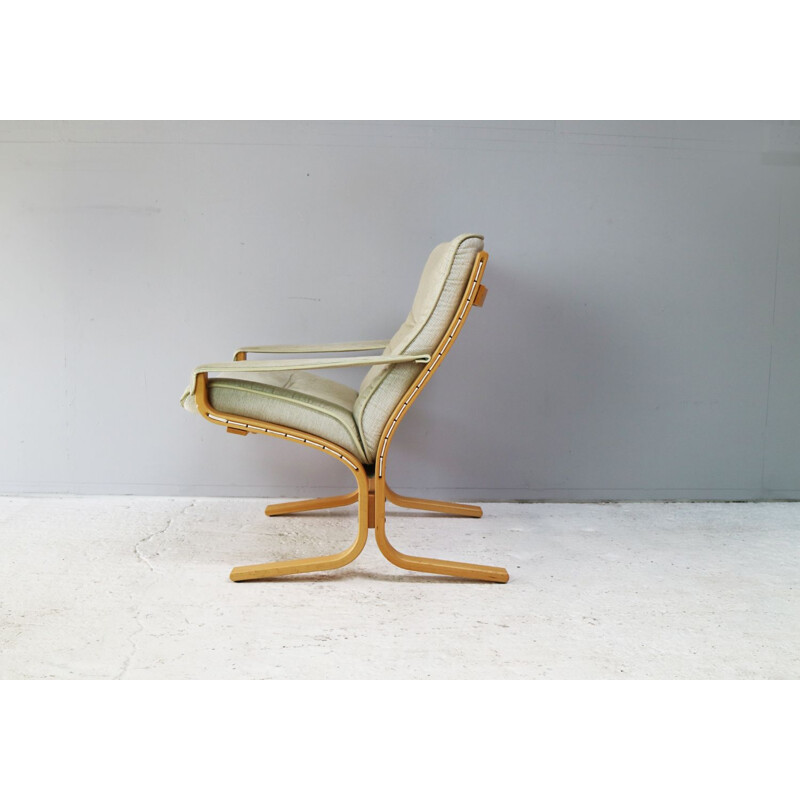 Fauteuil vintage danois en bois courbé et tissu beige 1970