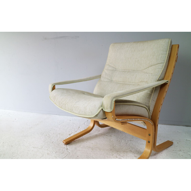 Fauteuil vintage danois en bois courbé et tissu beige 1970