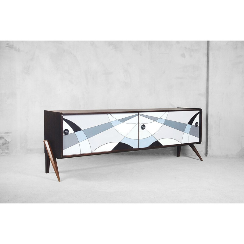Vintage sideboard in walnut with blue-painted pattern 1960s
