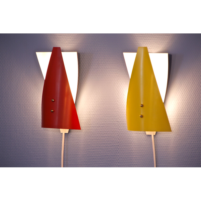 Pair of dutch vintage wall lights in red and yellow metal 1960