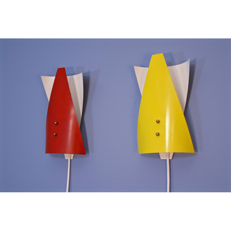Pair of dutch vintage wall lights in red and yellow metal 1960