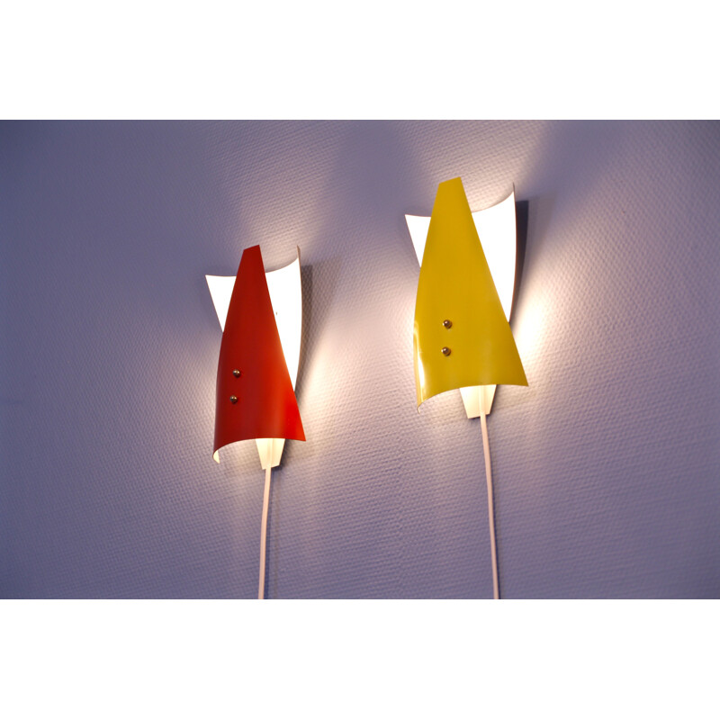 Pair of dutch vintage wall lights in red and yellow metal 1960