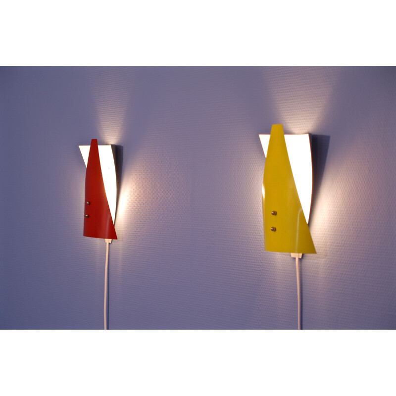 Pair of dutch vintage wall lights in red and yellow metal 1960