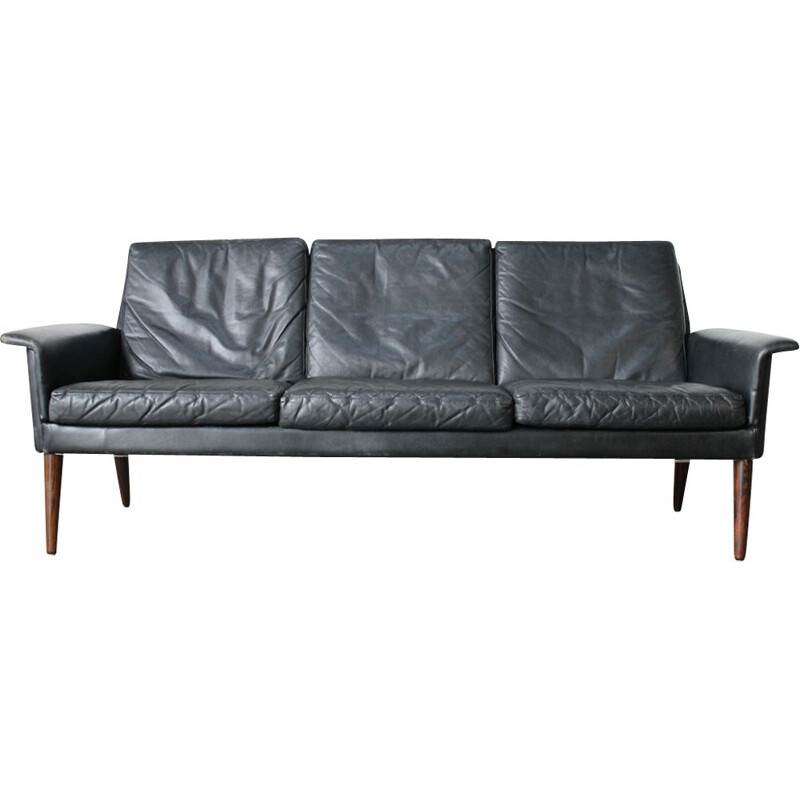 Canapé 3 places vintage en cuir noir par H. W Klein pour bramin 1960