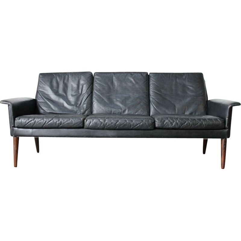 Vintage black leather 3 seater sofa by H. W Klein for Bramin 1960s