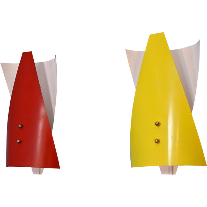 Paire d'appliques vintage hollandaises en métal rouge et jaune 1960