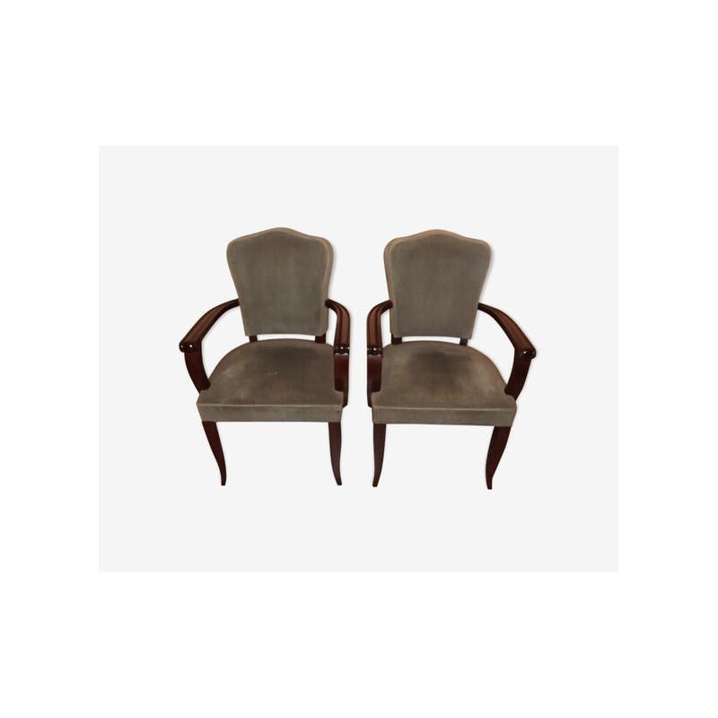 Pair of vintage armchairs bridge Gaston Poisson mahogany 1940 