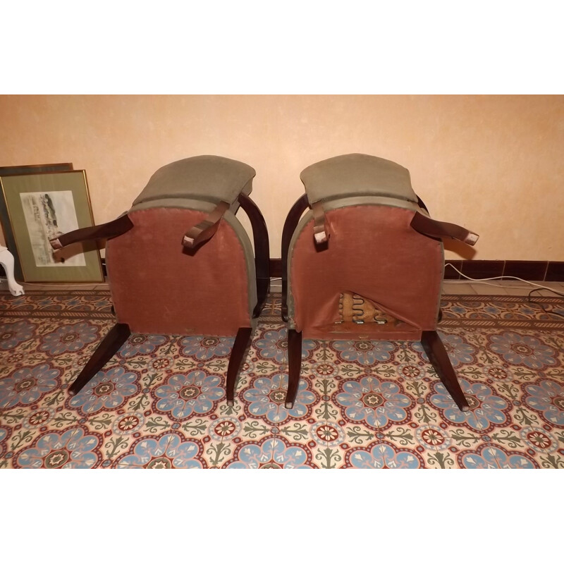Pair of vintage armchairs bridge Gaston Poisson mahogany 1940 