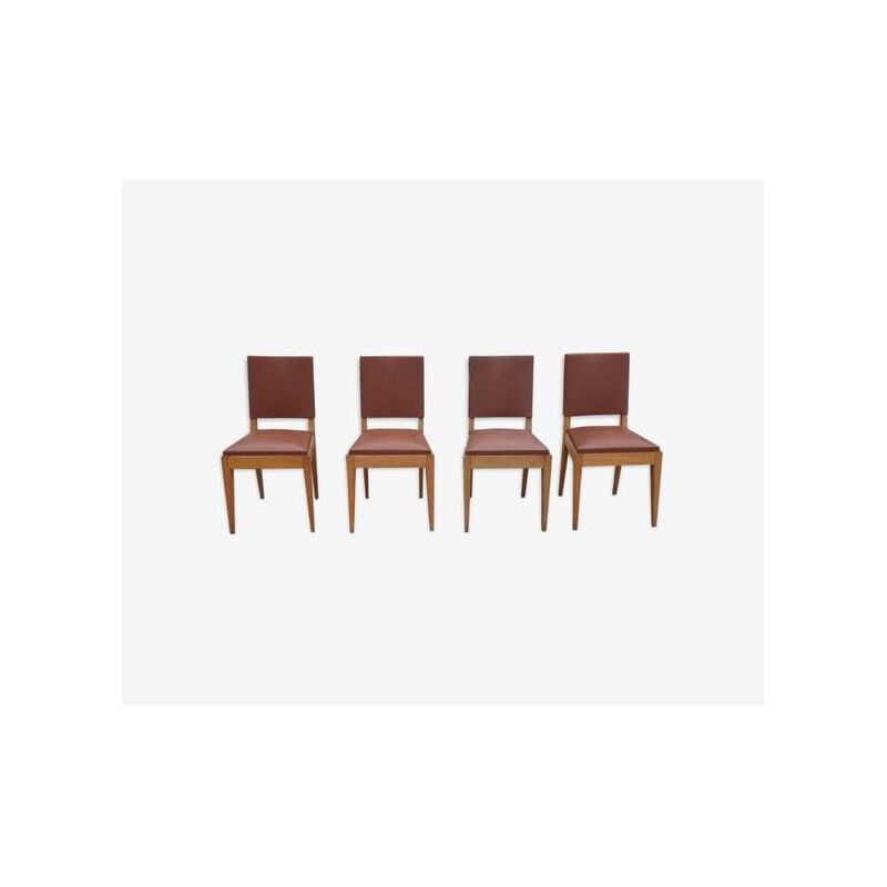 Set of 4 vintage french chairs in brown leatherette and beech 1940