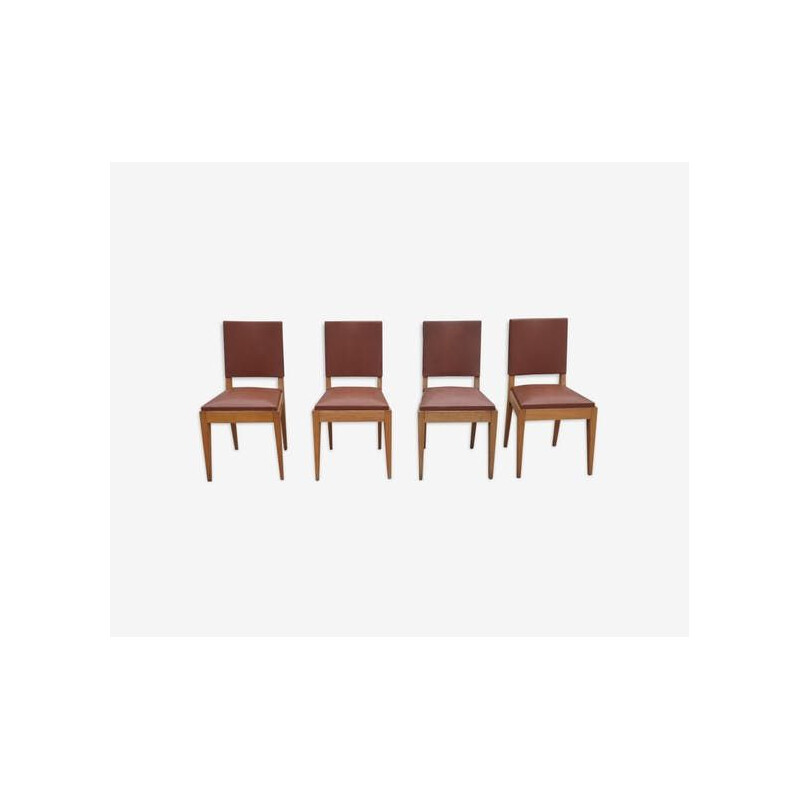 Suite de 4 chaises vintage françaises en skaï marron et hêtre 1940