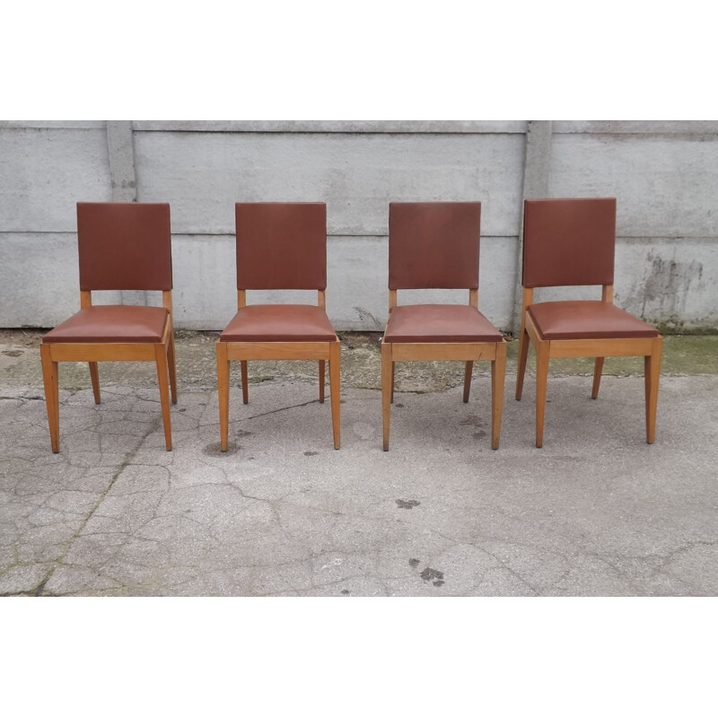 Suite de 4 chaises vintage françaises en skaï marron et hêtre 1940