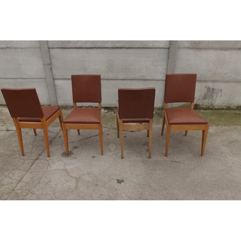 Set of 4 vintage french chairs in brown leatherette and beech 1940