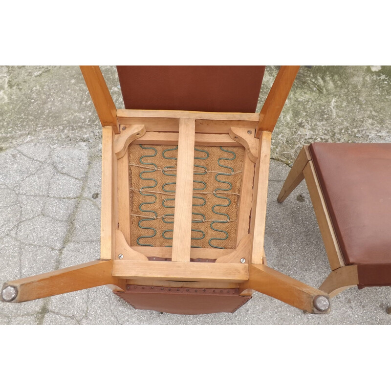 Set of 4 vintage french chairs in brown leatherette and beech 1940