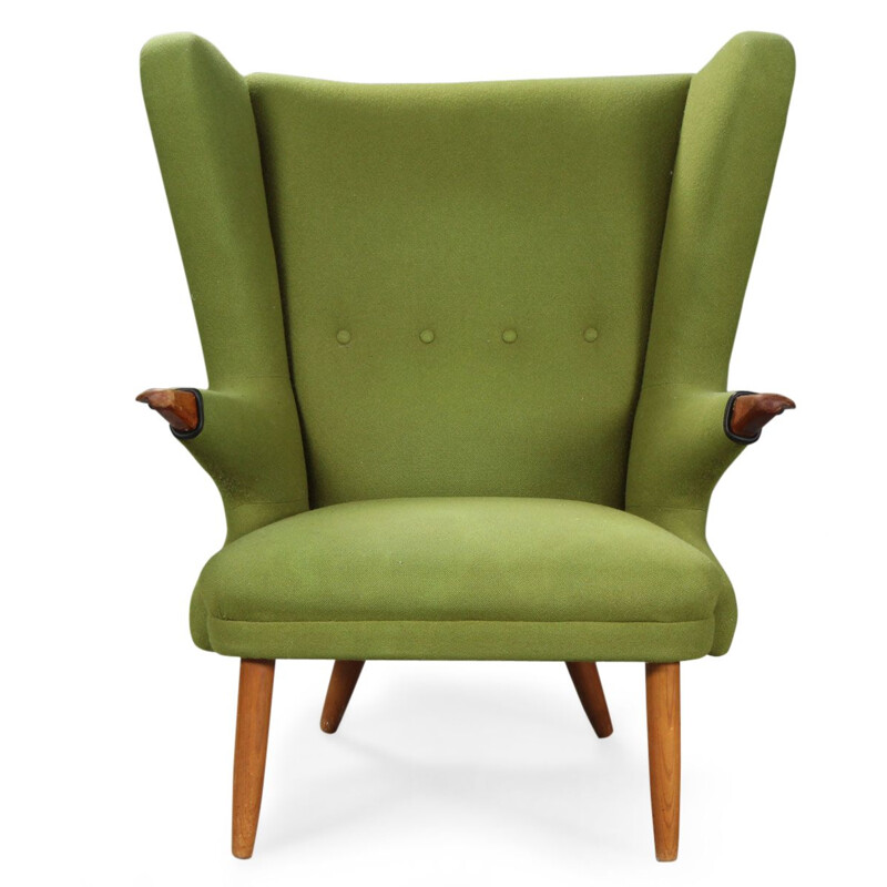 Fauteuil vintage scandinave en laine verte et teck 1960