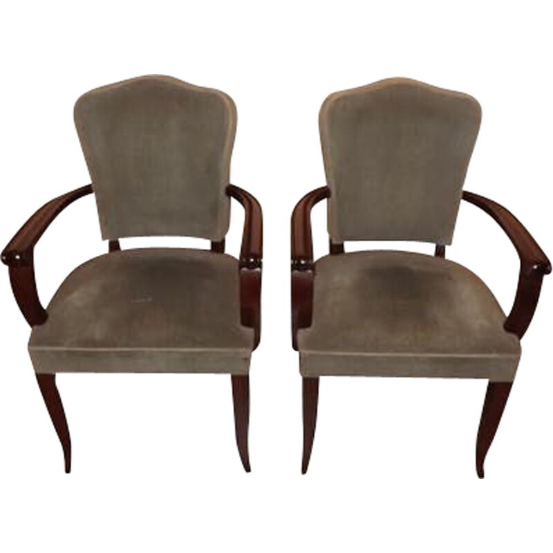 Pair of vintage armchairs bridge Gaston Poisson mahogany 1940 