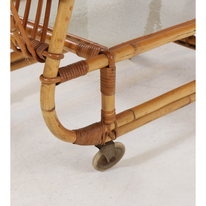 Vintage side table with bamboo casters and frosted glass 1930