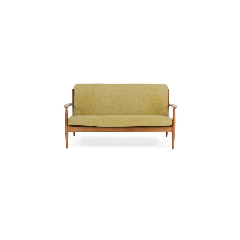 Vintage 2-seater sofa by Grete Jalk in beech and wool Denmark 1950s