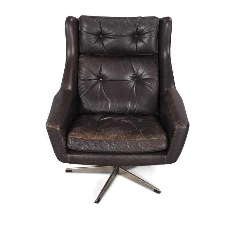 Vintage armchair 5 feet leather and steel Denmark 