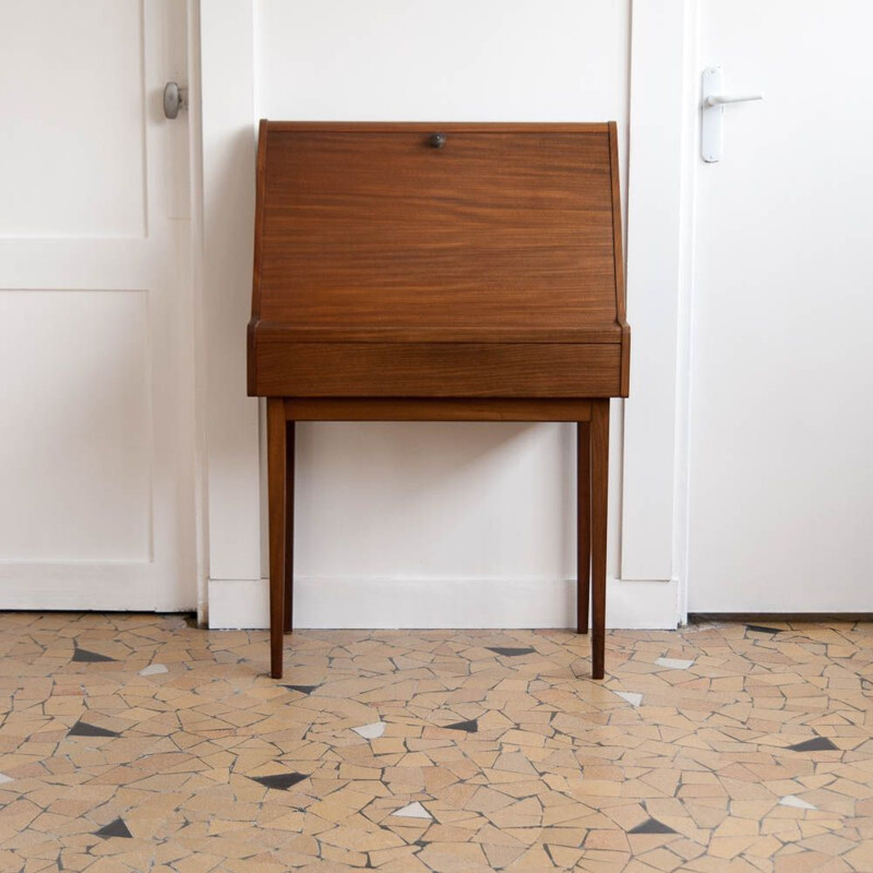 Vintage writing desk in teak feet spindles Scandinavian 1960s