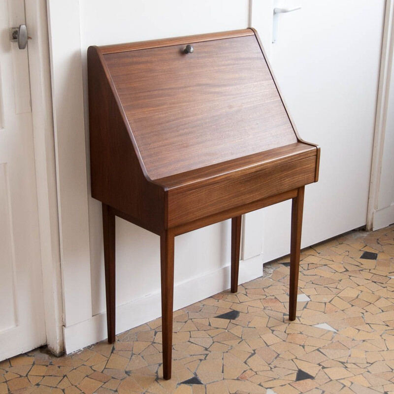 Vintage writing desk in teak feet spindles Scandinavian 1960s