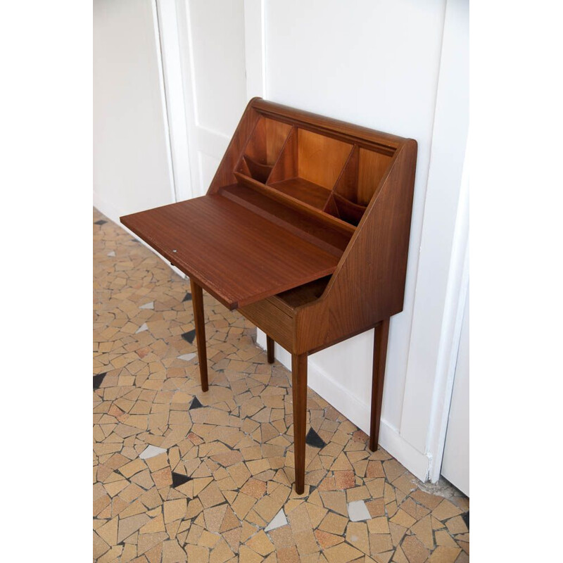 Vintage writing desk in teak feet spindles Scandinavian 1960s