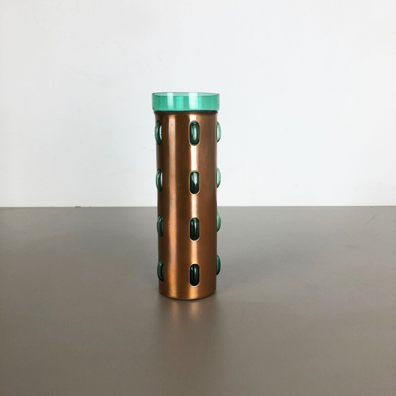 Cylindrical vintage vase in green glass and copper by Nanny Still for Raak,1970