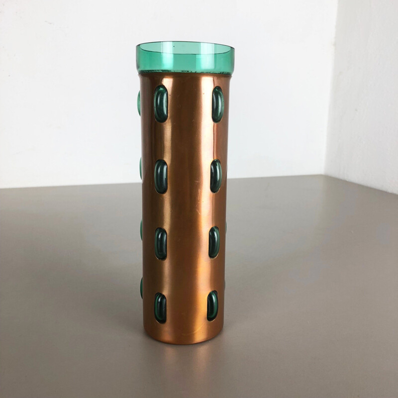 Cylindrical vintage vase in green glass and copper by Nanny Still for Raak,1970