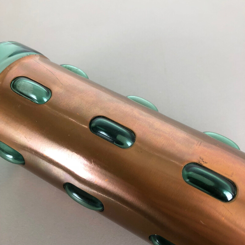Cylindrical vintage vase in green glass and copper by Nanny Still for Raak,1970