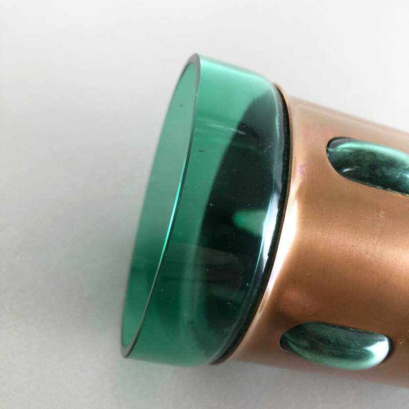 Cylindrical vintage vase in green glass and copper by Nanny Still for Raak,1970