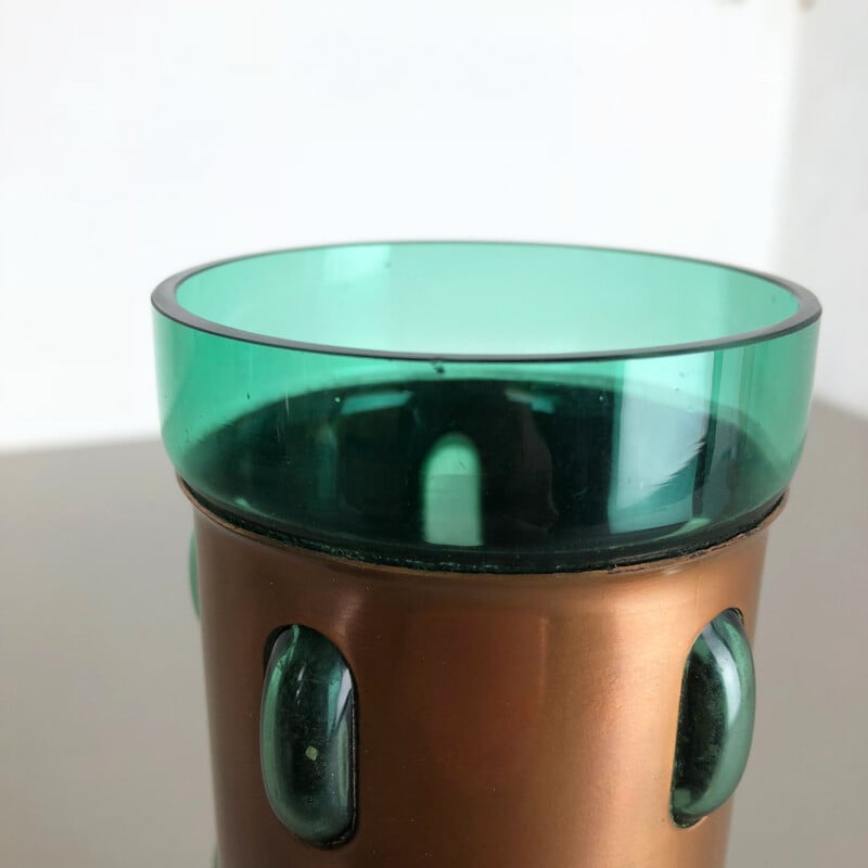 Cylindrical vintage vase in green glass and copper by Nanny Still for Raak,1970