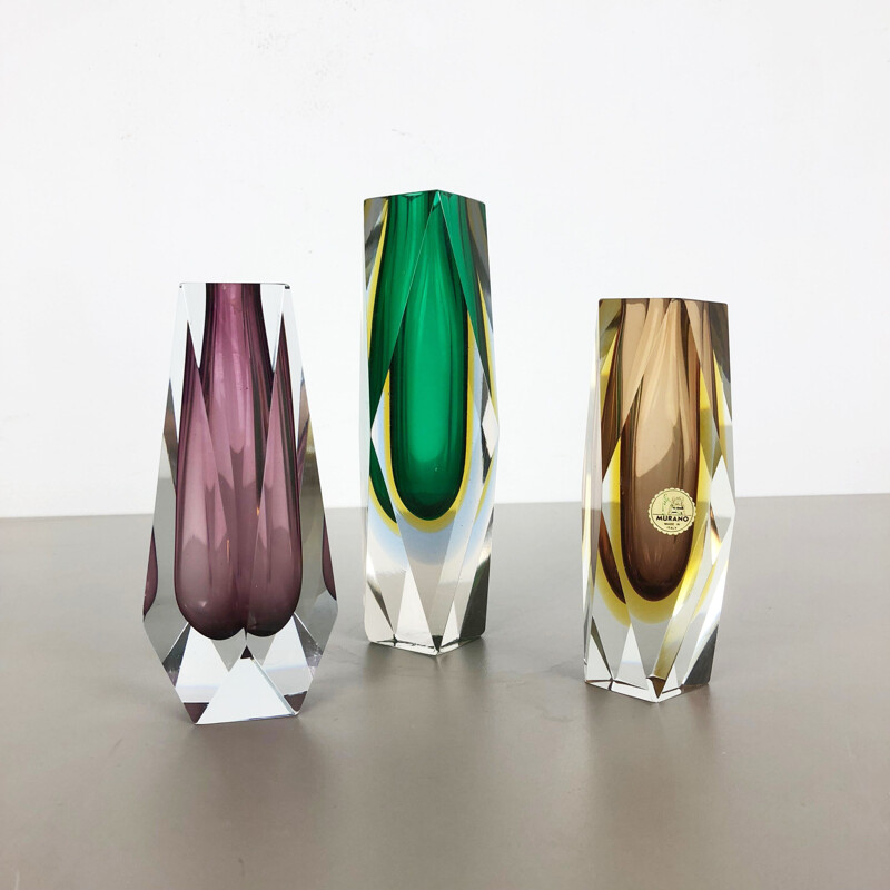 Set of 3 vintage Murano vases in glass, Italy,1970