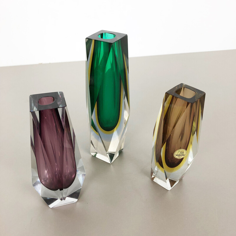 Set of 3 vintage Murano vases in glass, Italy,1970