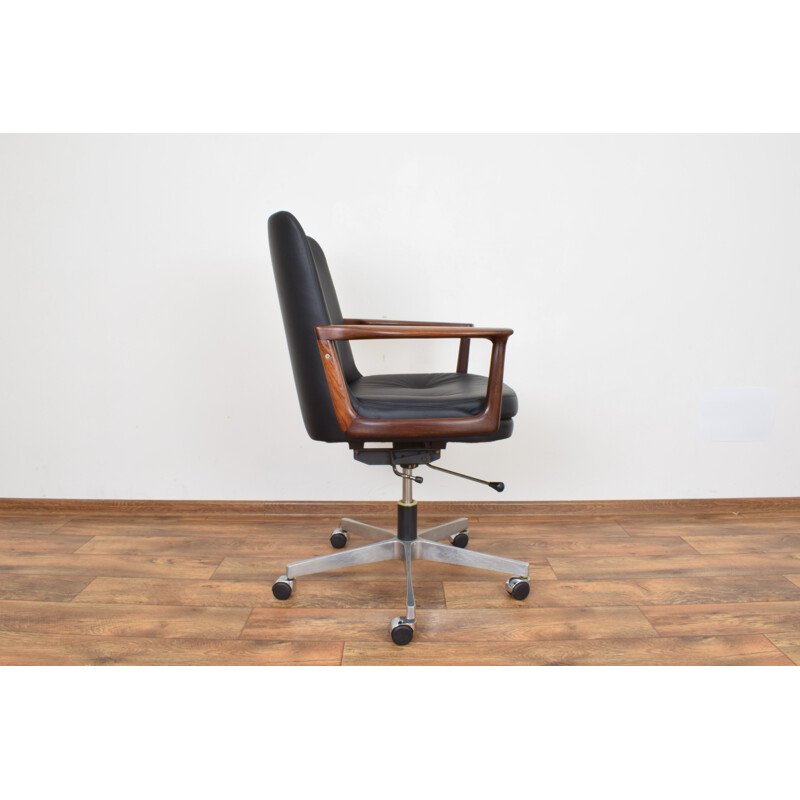 Vintage office armchair in rosewood and black leather,1960