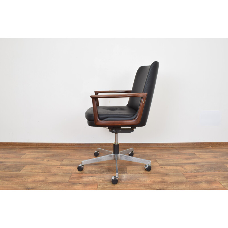 Vintage office armchair in rosewood and black leather,1960