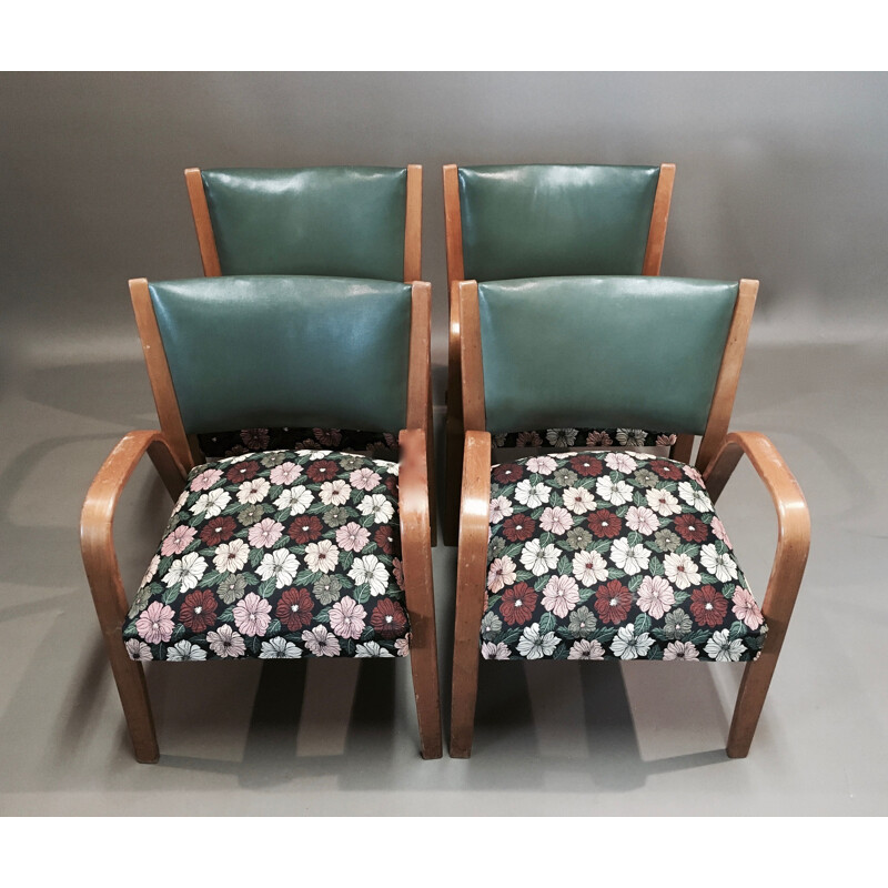 Set of 4 vintage armchairs model "Bow Wood" by Hugues Steiner, 1950