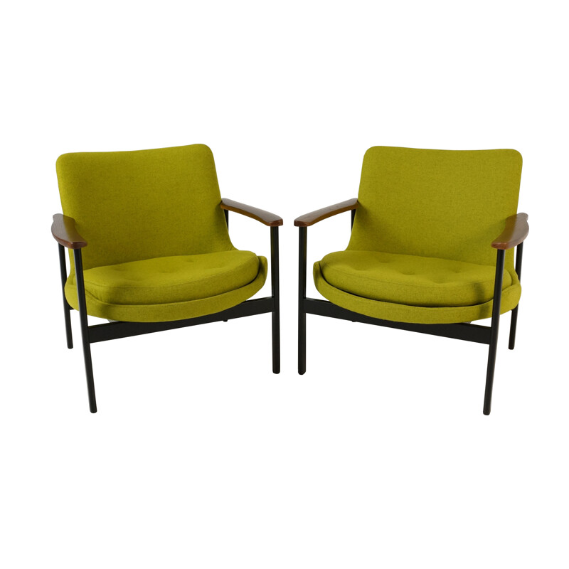 Pair of Scandinavian teak, metal and green fabric armchairs - 1960s