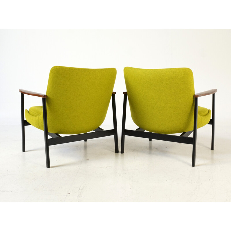Pair of Scandinavian teak, metal and green fabric armchairs - 1960s