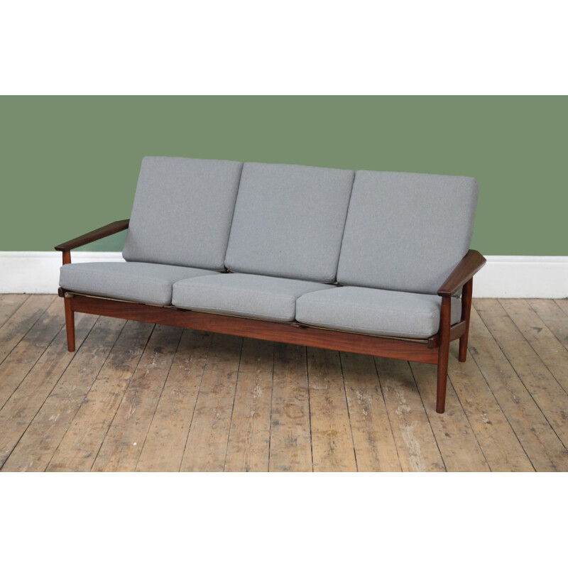 Dutch vintage sofa in teak and grey fabric 1960