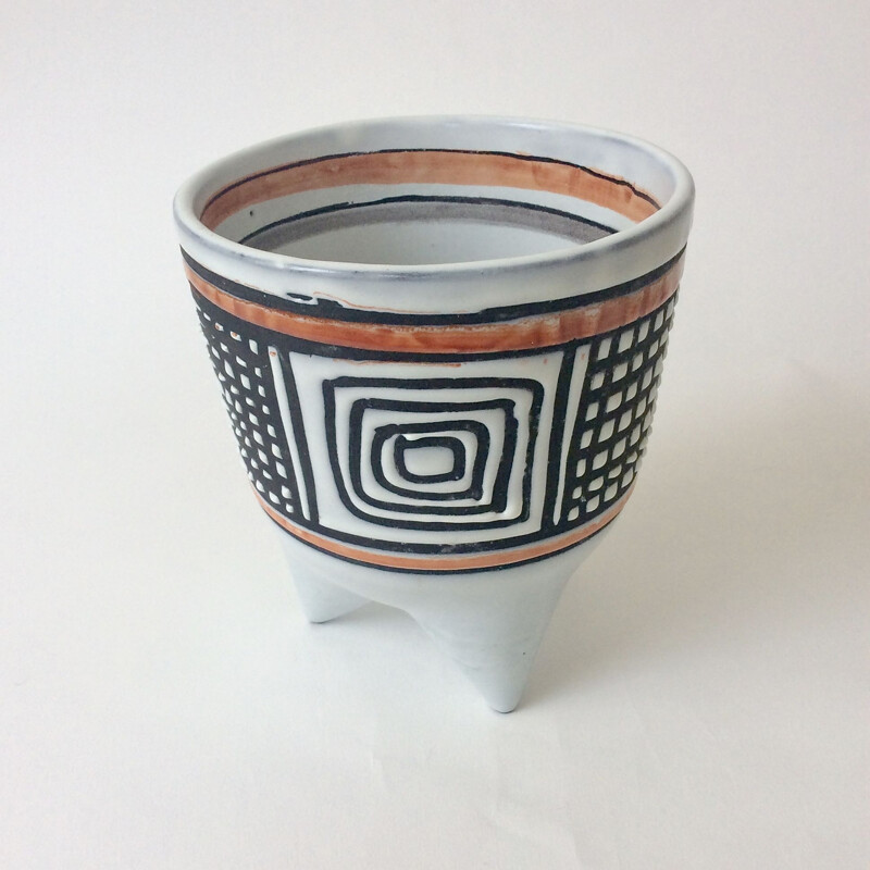 Vintage Molaire vase by Roger Capron in black earthenware and orange 1950