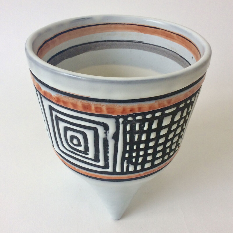 Vintage Molaire vase by Roger Capron in black earthenware and orange 1950