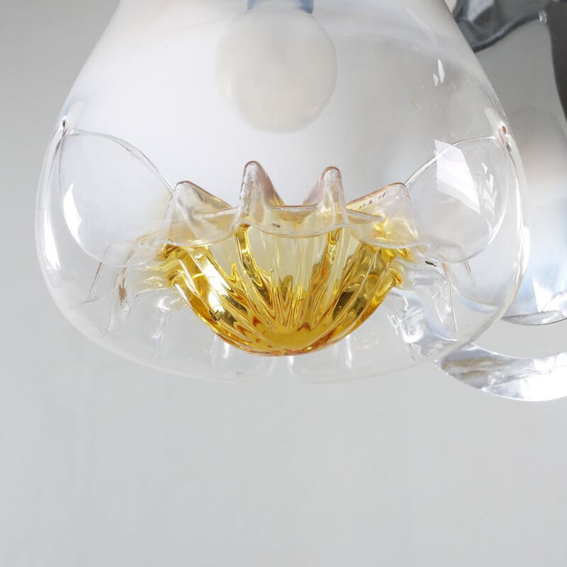 Lustre vintage italien en chrome, bois et verre 1970