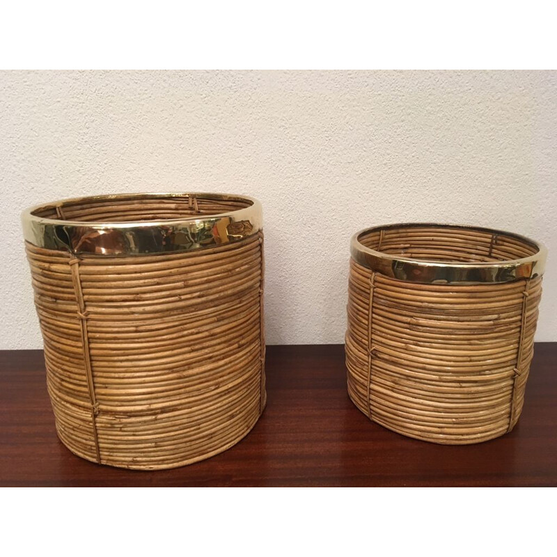 Set of 2 vintage plants holder in rattan and brass