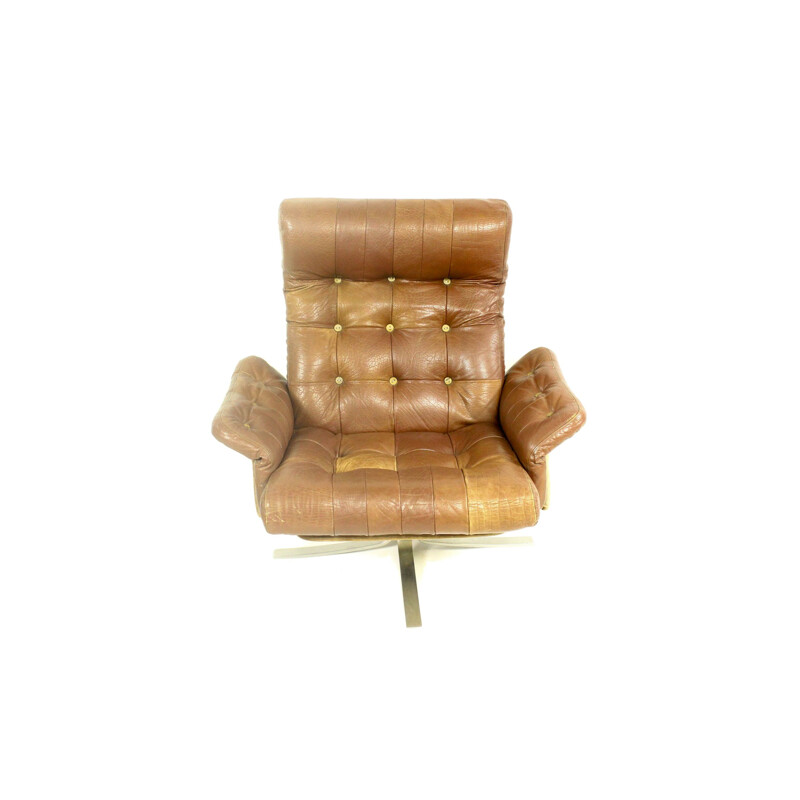 Vintage Danish leather swivel lounge chair with ottoman by Ebbe Gehl & Søren Nissen for Jeki Møbler
