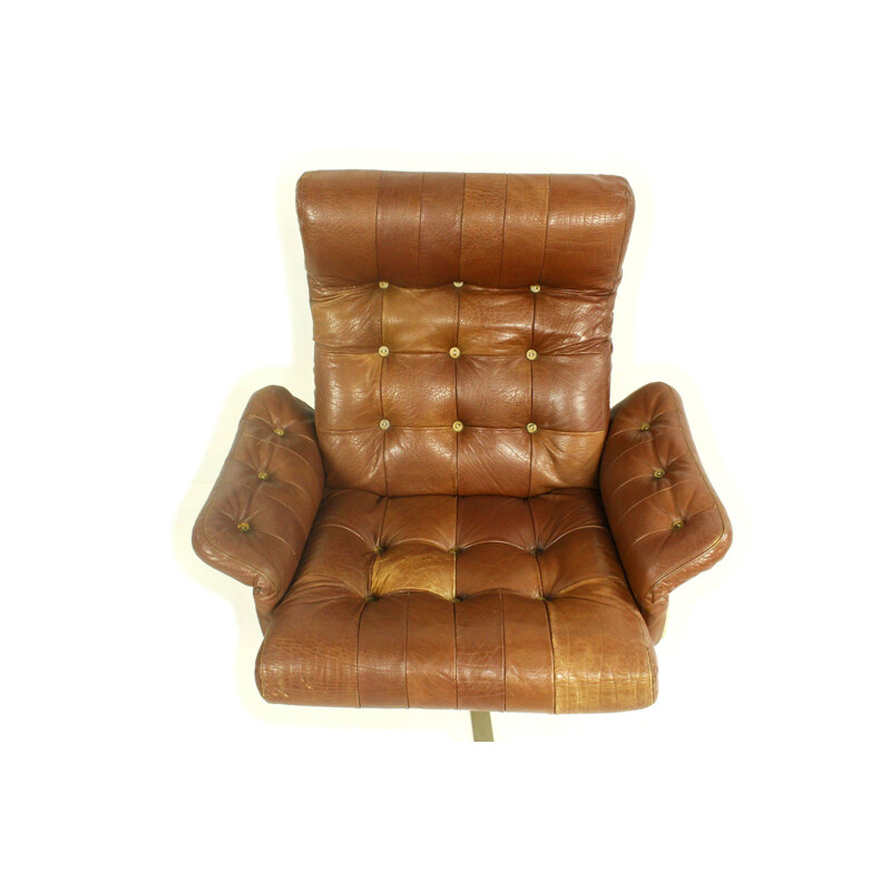 Vintage Danish leather swivel lounge chair with ottoman by Ebbe Gehl & Søren Nissen for Jeki Møbler