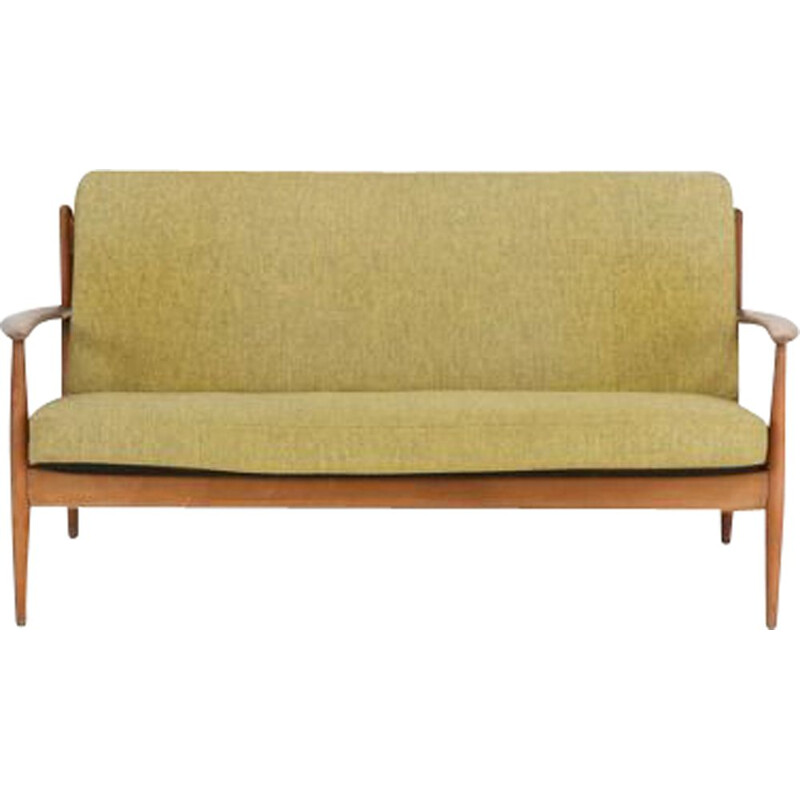 Vintage 2-seater sofa by Grete Jalk in beech and wool Denmark 1950s