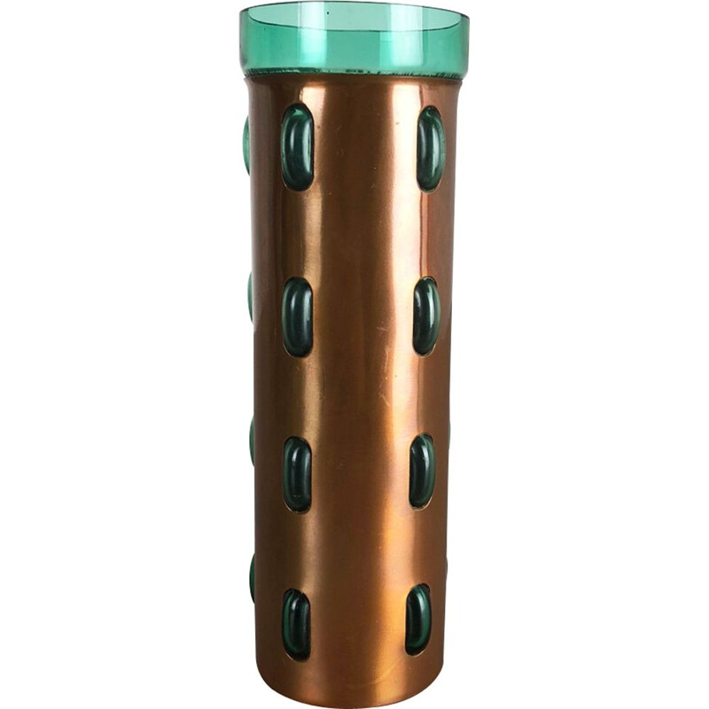 Cylindrical vintage vase in green glass and copper by Nanny Still for Raak,1970