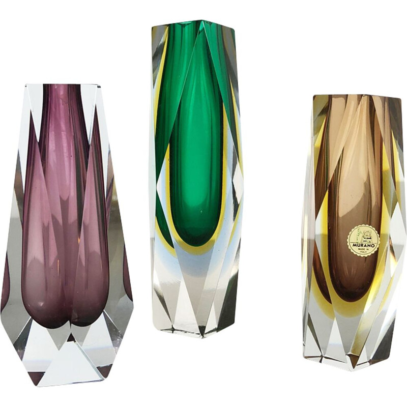 Set of 3 vintage Murano vases in glass, Italy,1970