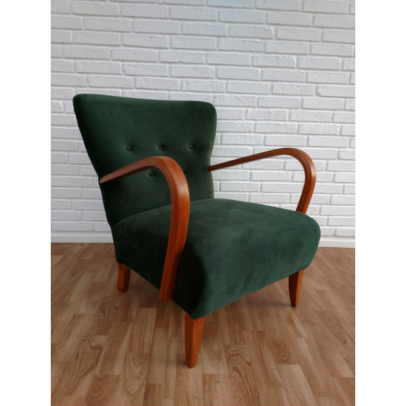 Danish armchair in green velvet and beech