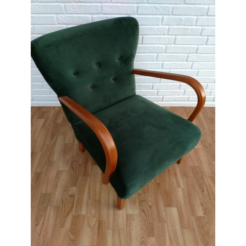 Danish armchair in green velvet and beech