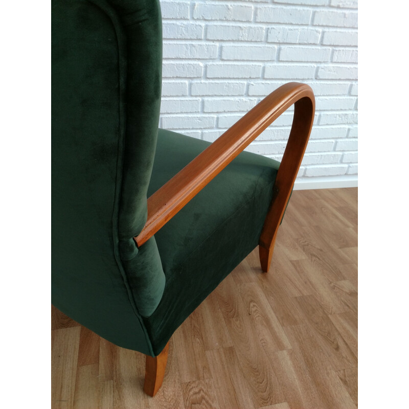 Danish armchair in green velvet and beech